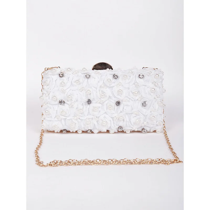 Women's Glittery Clutch in Blue for Disco - Themed EventsOdette Exquisite White Rose Clutchsling Bag